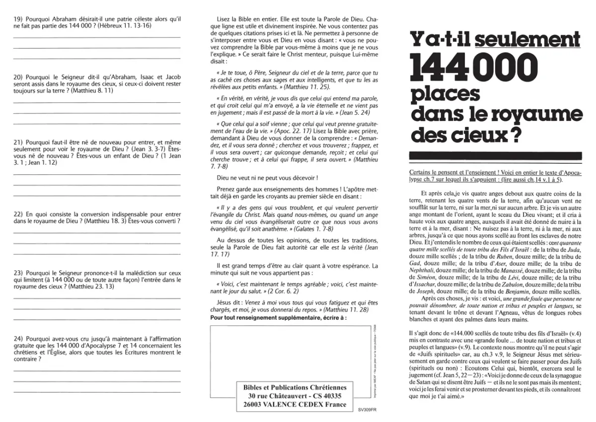Y a t'il seulement 144000 places ?