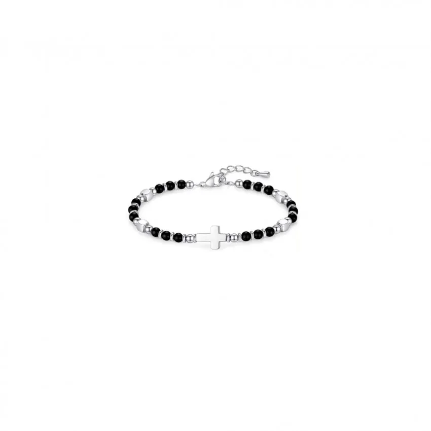 Bracelet perles + croix - noir