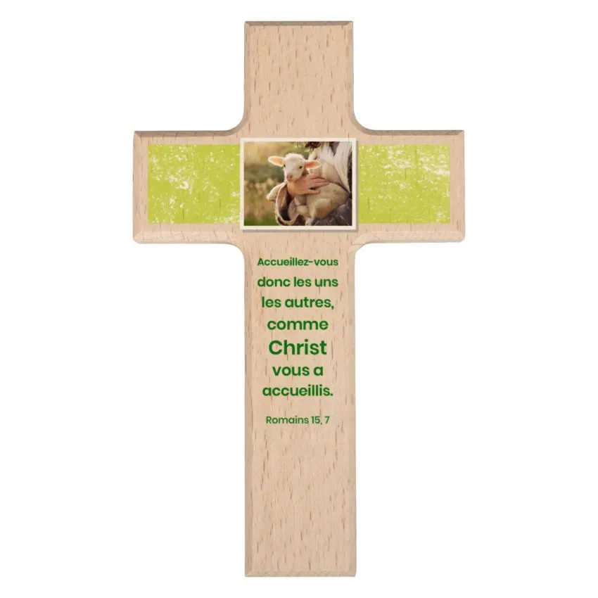 Croix en bois brut mot d'ordre 2022 Rom 15.7