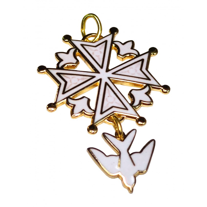 Pendentif croix huguenote métal/émail blanc