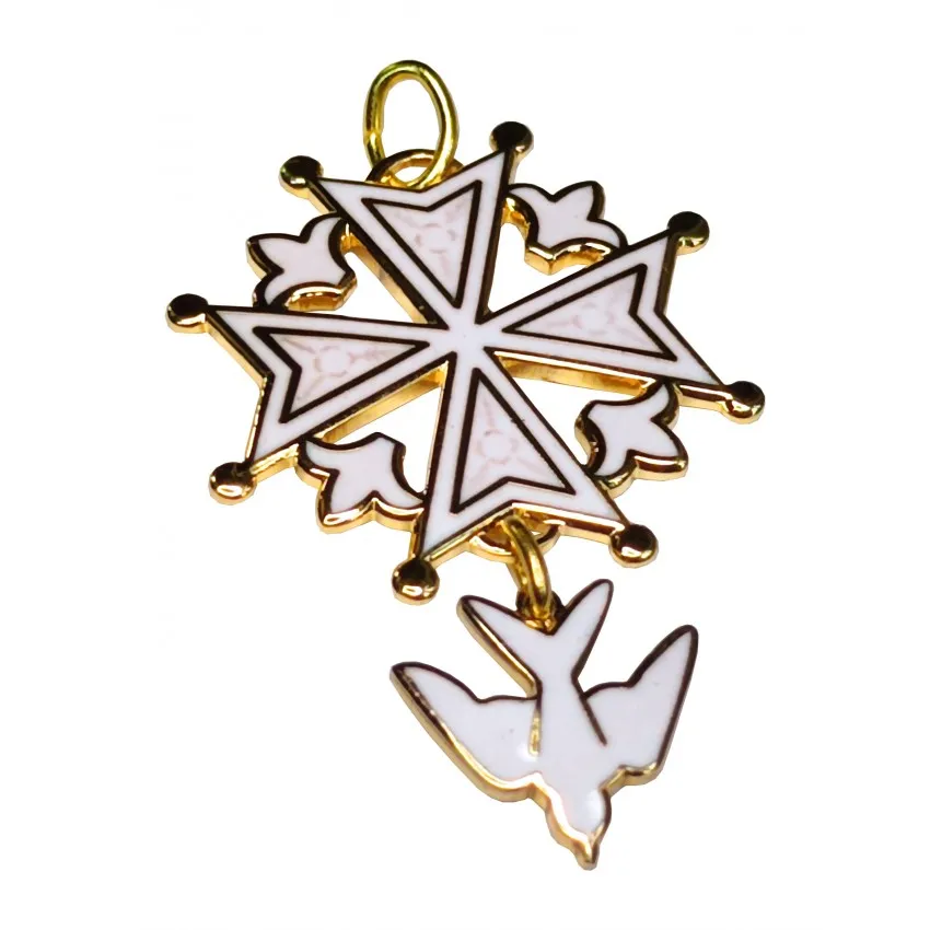 Pendentif croix huguenote métal/émail blanc