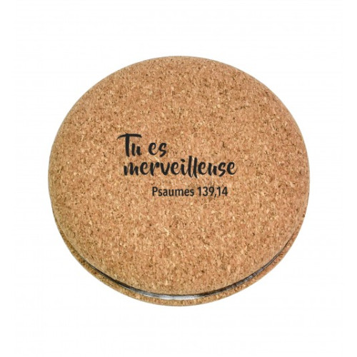 Miroir de poche en liège - Tu es merveilleuse - Psaumes 139:14