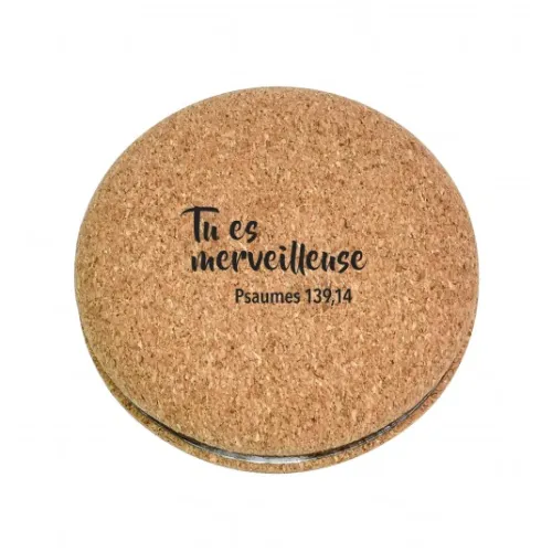 Miroir de poche en liège - Tu es merveilleuse - Psaumes 139:14